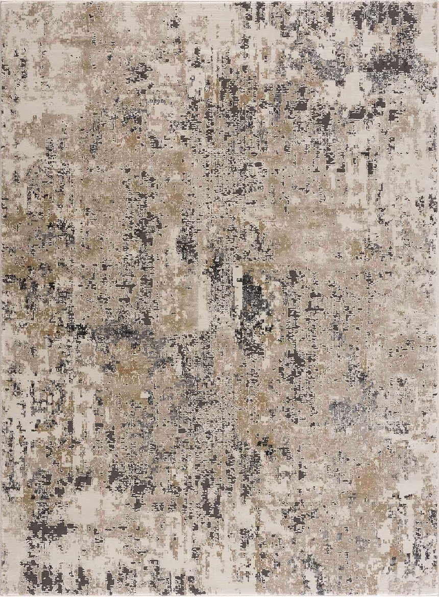 Close-up of the Pewamo Area Rug. Abstract design in black, charcoal, dark brown, light beige, and tan. Design-Rectangle-537