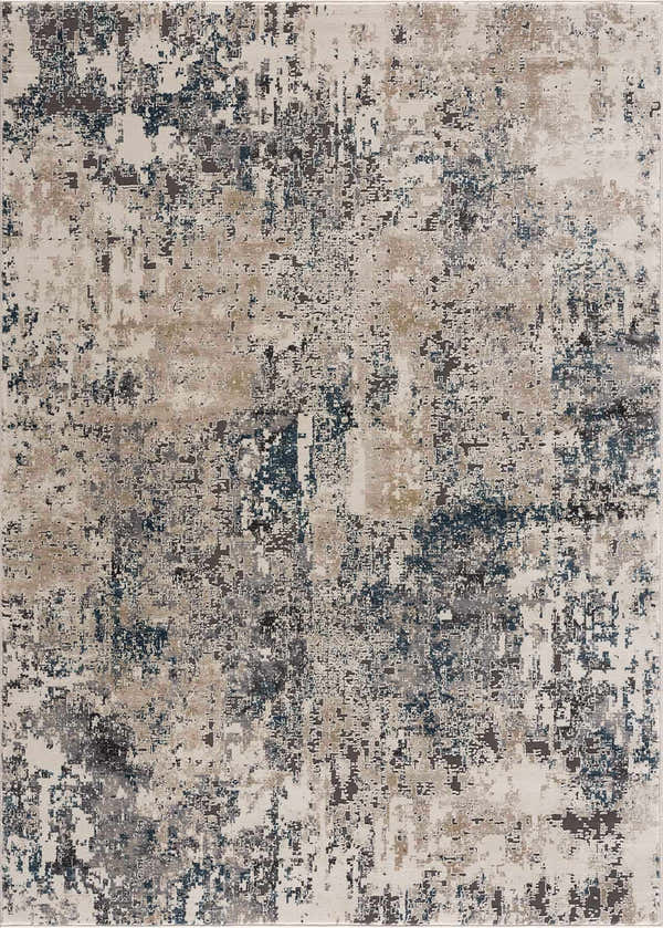 Close-up of the Enoree Area Rug: a contemporary rug with black, blue, beige, and brown abstract patterns. Design-Rectangle-537