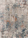 Abstract Priscilla Area Rug with burnt orange, blue, beige and brown distressed pattern. Design-Rectangle-537