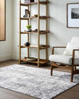 Living room scene with a gray and white Avital Area Rug, wood bookshelf, and mid-century modern chair. Roomscene-Rectangle
