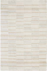 Close-up of the Paiva Modern Wool Rug. Cream, tan, and taupe stripes and blocks create a textured, farmhouse design. Design-Rectangle-576