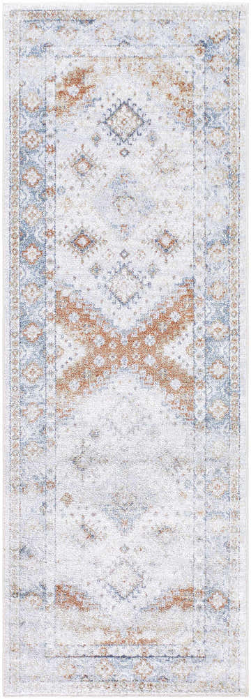 Close-up of Agaton Blue & Brown Washable Area Rug. Traditional design with light blue, brown, and white hues. Design-Runner-2773