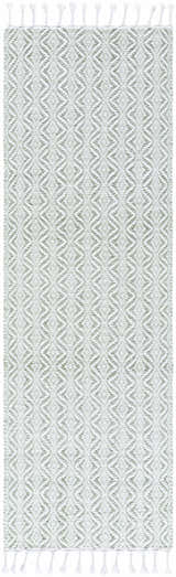 Close-up of the Anelia Sage Area Rug. Hand woven recycled PET yarn rug in green and ivory with a diamond pattern and white tassels. Design-Runner-268