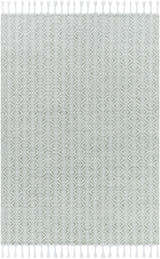 Close-up of Anelia Sage Area Rug. Hand woven recycled PET yarn with a green and ivory diamond pattern and white tassels. Design-Rectangle-576