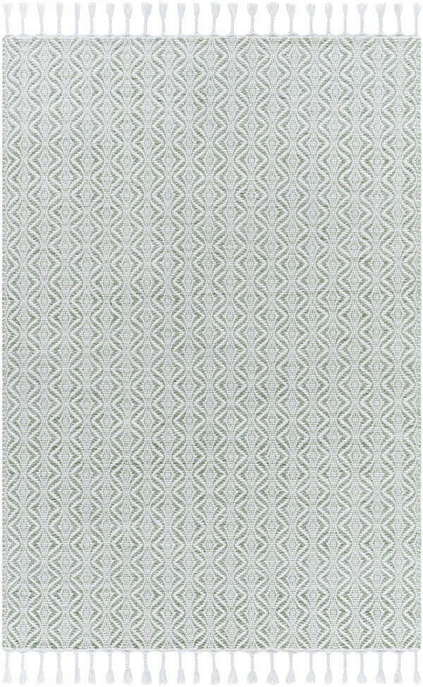 Close-up of Anelia Sage Area Rug. Hand woven recycled PET yarn with a green and ivory diamond pattern and white tassels. Design-Rectangle-576