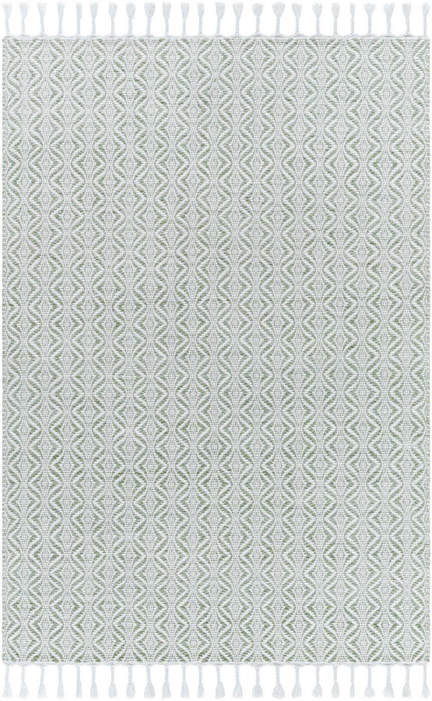 Close-up of Anelia Sage Area Rug. Hand woven recycled PET yarn with a green and ivory diamond pattern and white tassels. Design-Rectangle-576