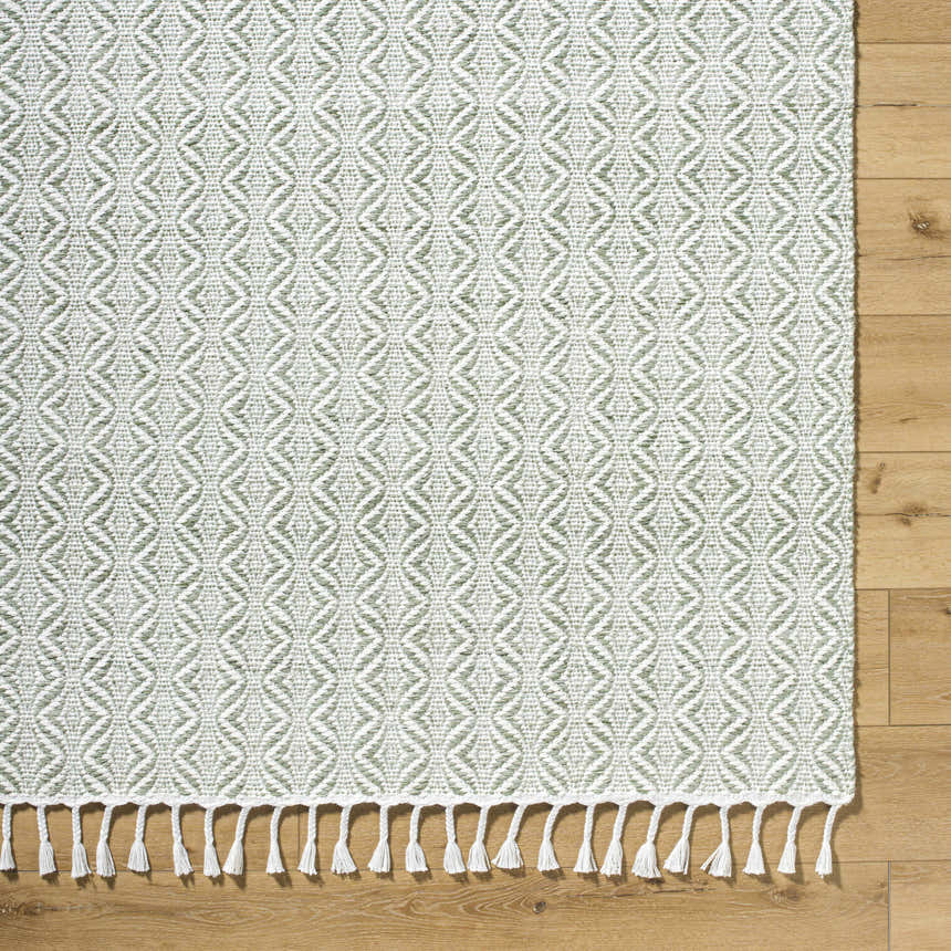 Close-up of Anelia Sage Area Rug showing diamond pattern, woven texture, and ivory fringe on wood floor. Corner