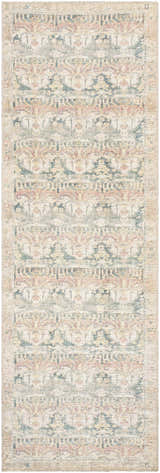 Close-up of the Arushi Washable Area Rug, a cream rug with traditional rust, orange, and green geometric patterns. Design-Runner-27710