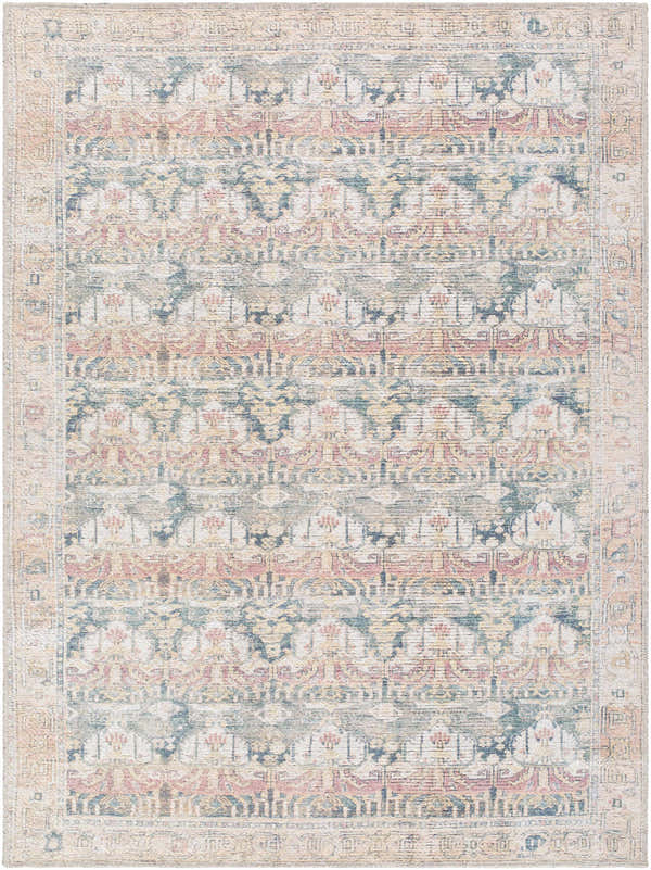 Close-up of the Arushi Washable Area Rug, featuring a traditional design in cream, green, orange, rust, and tan hues. Design-Rectangle-537