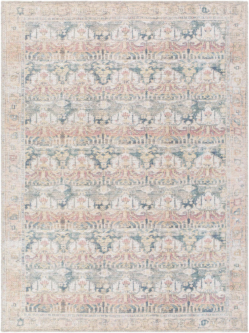 Close-up of the Arushi Washable Area Rug, featuring a traditional design in cream, green, orange, rust, and tan hues. Design-Rectangle-537