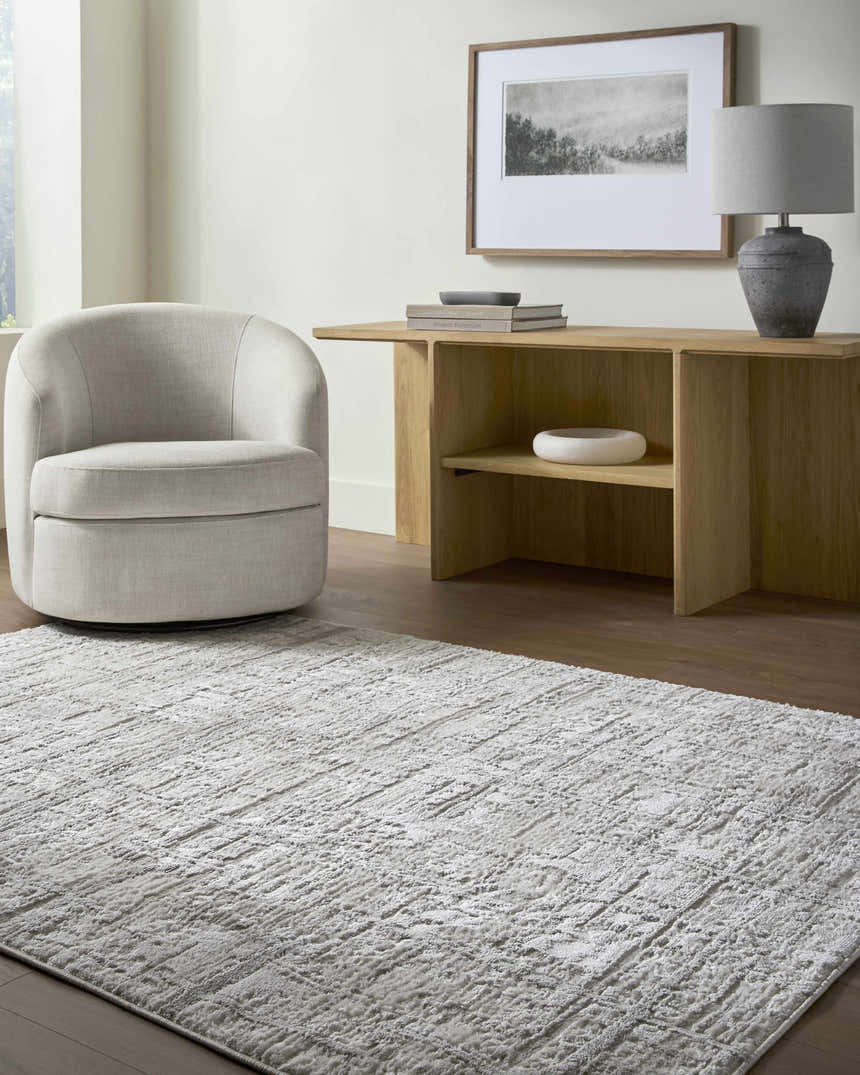 Living room scene with cream Antony Area Rug, gray chair, and wood console table. Roomscene-Rectangle