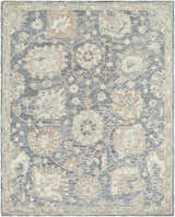 Detailed Auryon Hand Tufted Oushak Wool Area Rug with slate blue background and off-white floral pattern. Design-Rectangle-810