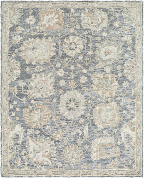 Detailed Auryon Hand Tufted Oushak Wool Area Rug with slate blue background and off-white floral pattern. Design-Rectangle-810
