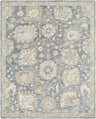 Detailed Auryon Hand Tufted Oushak Wool Area Rug with slate blue background and off-white floral pattern. Design-Rectangle-810