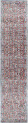 Close-up of the Ranao Washable Area Rug, featuring a vintage diamond pattern in blue, red, and taupe hues. Design-Runner-2712