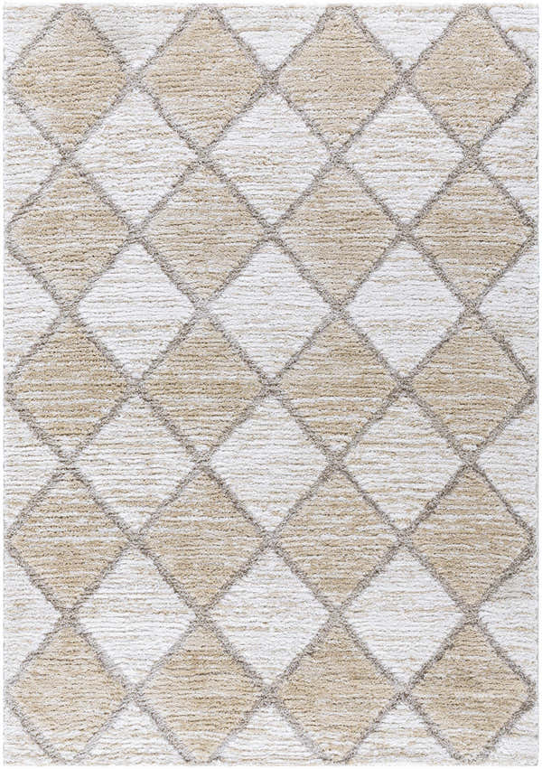 Close-up of the Aideen Cream Shag Area Rug, featuring a diamond pattern in cream, light brown, and gray. Soft texture. Design-Rectangle-537