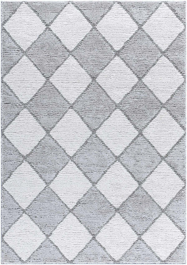 Close-up of the Aideen Gray Shag Area Rug showing its diamond pattern and light silver and silver gray colors. Design-Rectangle-537