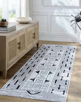 Entryway with light wood console table and Regis Washable Area Rug runner in gray, light silver, and white. Roomscene-Runner