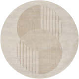 Close-up of round Zeke Geometric Nutmeg Rug with a linear nutmeg pattern on a lambswool-colored background. Design-Round-67