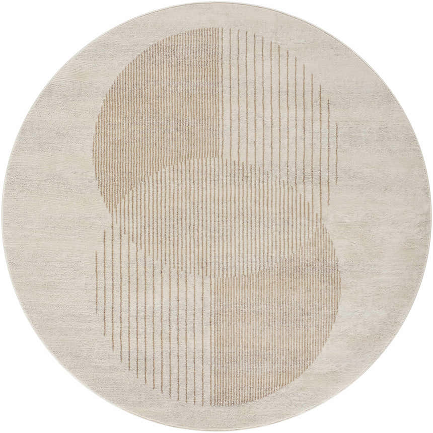 Close-up of round Zeke Geometric Nutmeg Rug with a linear nutmeg pattern on a lambswool-colored background. Design-Round-67