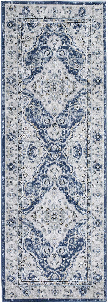 Close-up of the Redmond Area Rug, a machine-woven runner with a traditional navy and gray oriental pattern. Design-Runner-2773
