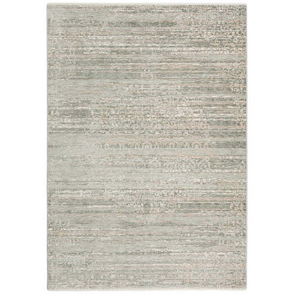 Close-up of the Dalyn Regal RG2 Mist Area Rug. Features a distressed traditional pattern in mist, ivory, and chestnut hues.