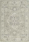 Close-up of the Ayzize Beige Area Rug, a traditional rug with beige, charcoal, ivory, and slate blue tones. Design-Rectangle-6796