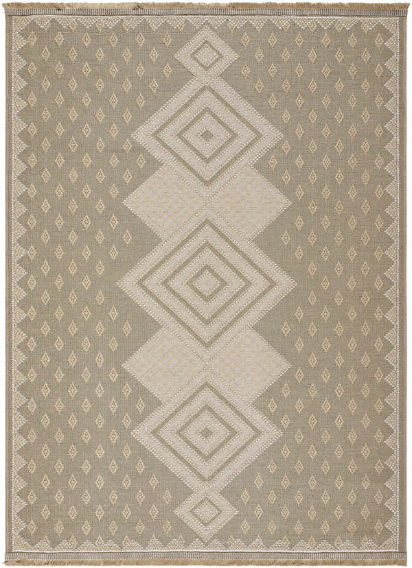 Close-up of the Ragni Washable Jute Rug. Beige and cream diamonds pattern. Farmhouse style rug with jute texture. Design-Rectangle-527