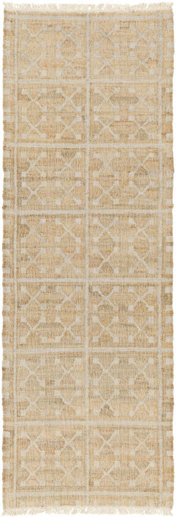 Close-up of the hand woven Rice Handcrafted Fringed Jute Carpet with a geometric pattern in cream, tan, and natural jute. Design-Runner-268