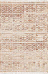 Close-up of the Rice Handcrafted Fringed Jute Carpet. Natural jute rug with cream, tan, and light gray floral block pattern. Design-Rectangle