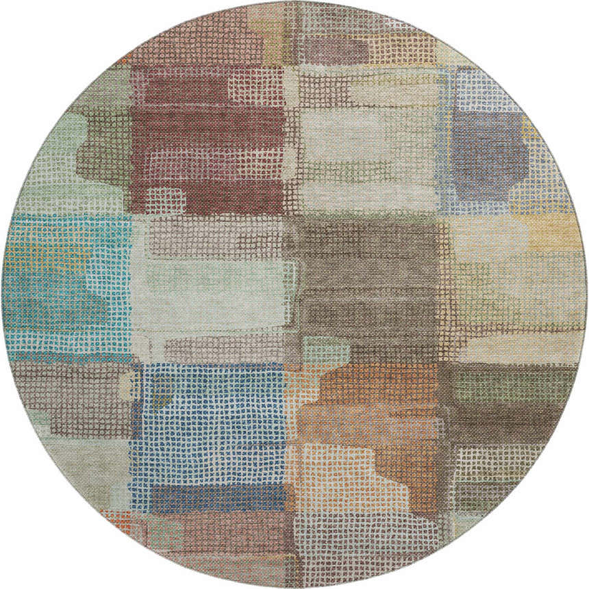 Round Dalyn Luxury Ravenna RN10 Putty rug with beige, coral, gold, green, blue, and putty patchwork design.