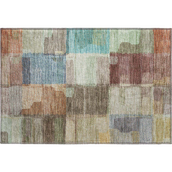 Close-up of Dalyn Luxury Ravenna RN10 Putty Washable Area Rug. Beige, coral, gold, and teal patchwork design. Farmhouse style.