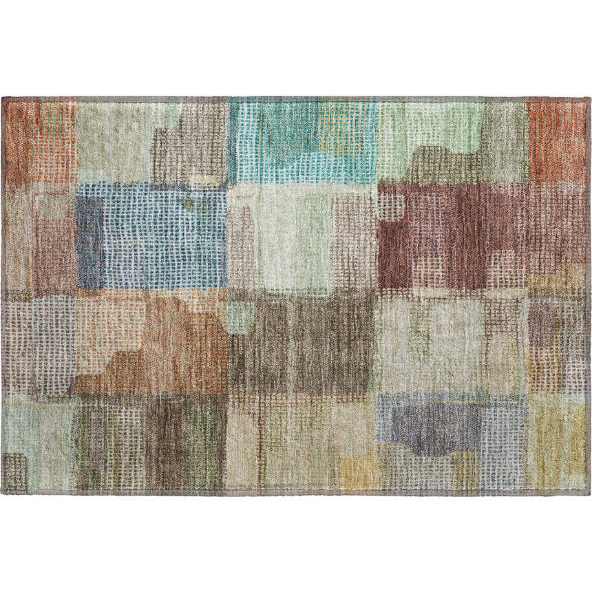 Close-up of Dalyn Luxury Ravenna RN10 Putty Washable Area Rug. Beige, coral, gold, and teal patchwork design. Farmhouse style.