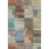 Dalyn Luxury Ravenna RN10 Putty rug featuring a patchwork design with beige, coral, gold, green, and blue hues.