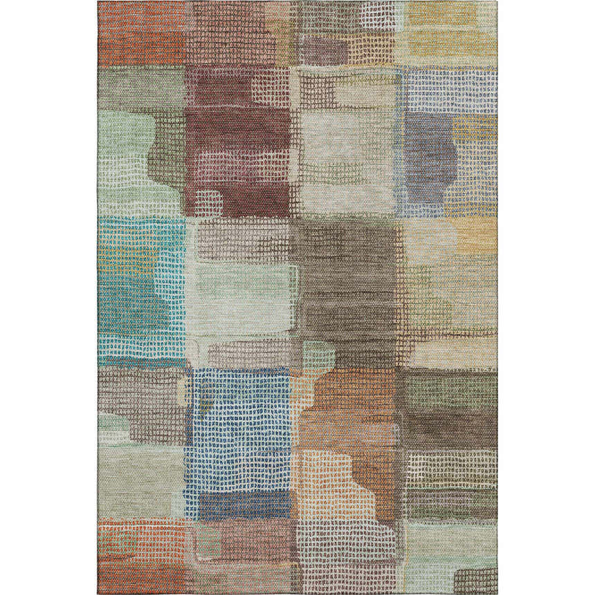 Dalyn Luxury Ravenna RN10 Putty rug featuring a patchwork design with beige, coral, gold, green, and blue hues.