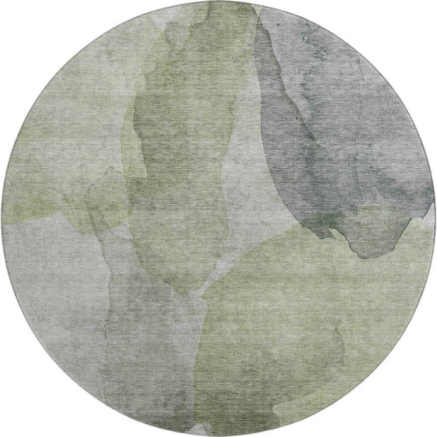 Round Dalyn Luxury Ravenna RN12 Fern Washable Area Rug with aloe, green, olive, and taupe watercolor design.