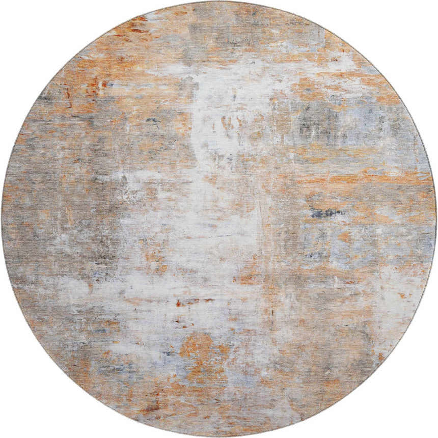 Round Dalyn Luxury Ravenna RN1 Copper Washable Area Rug with caramel, chestnut, and silver gray abstract pattern.