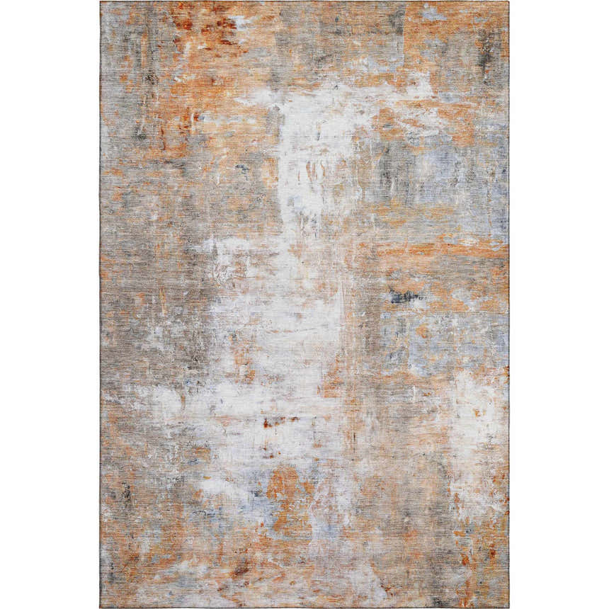 Dalyn Luxury Ravenna RN1 Copper Washable Area Rug with caramel, chestnut, paprika, silver gray, and taupe abstract design.