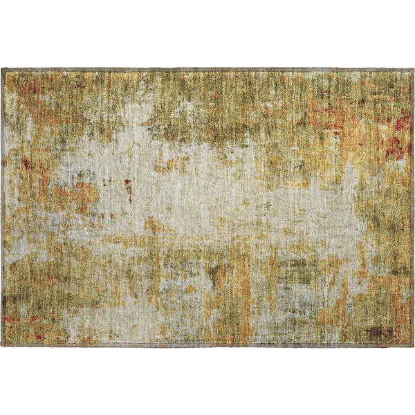 Close-up of the Dalyn Luxury Ravenna RN1 Olive Washable Area Rug. Features beige, caramel, gold, and olive hues in a distressed pattern.