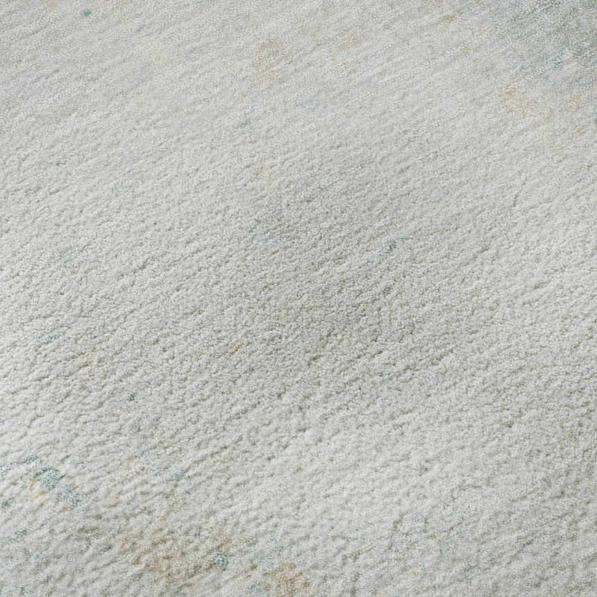 Close-up of the plush texture of the Dalyn Luxury Ravenna RN1 Seafoam Washable Area Rug in beige, ivory, sage, and teal.