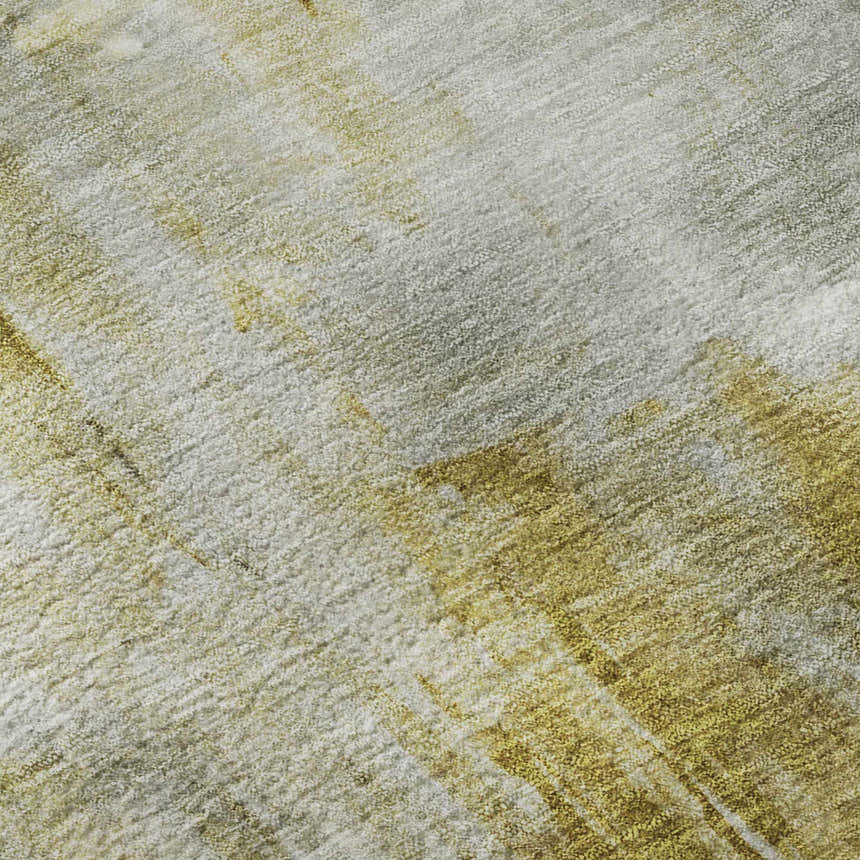 Close-up of the Dalyn Luxury Ravenna RN2 Taupe Washable Area Rug, showing gold, ivory, and silver gray tones.