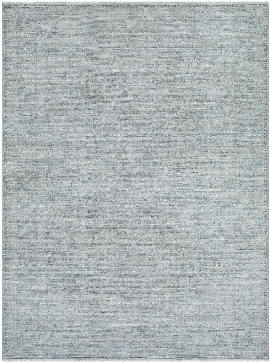 Close-up of Livabliss x Galey Alix Maria Elena II rug. Vintage medallion pattern in black, cream, and medium gray. Design-Rectangle-537