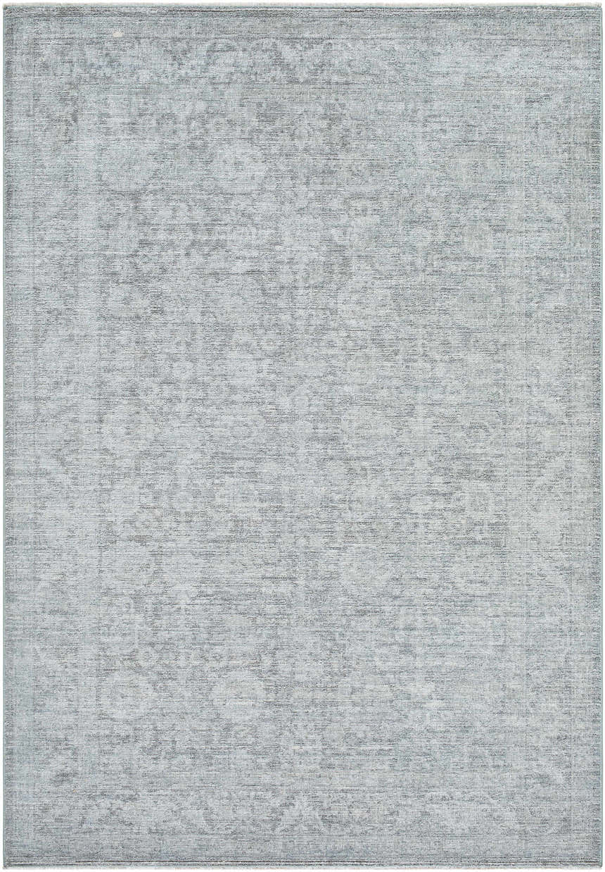 Close-up of the Livabliss x Galey Alix Maria Elena II rug; a vintage medallion design in cream, black, and gray polyester. Design-Rectangle-679