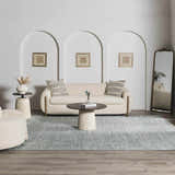 Living room with cream sofa and Livabliss x Galey Alix Maria Elena II Vintage Medallion Area Rug in gray. Roomscene-Rectangle