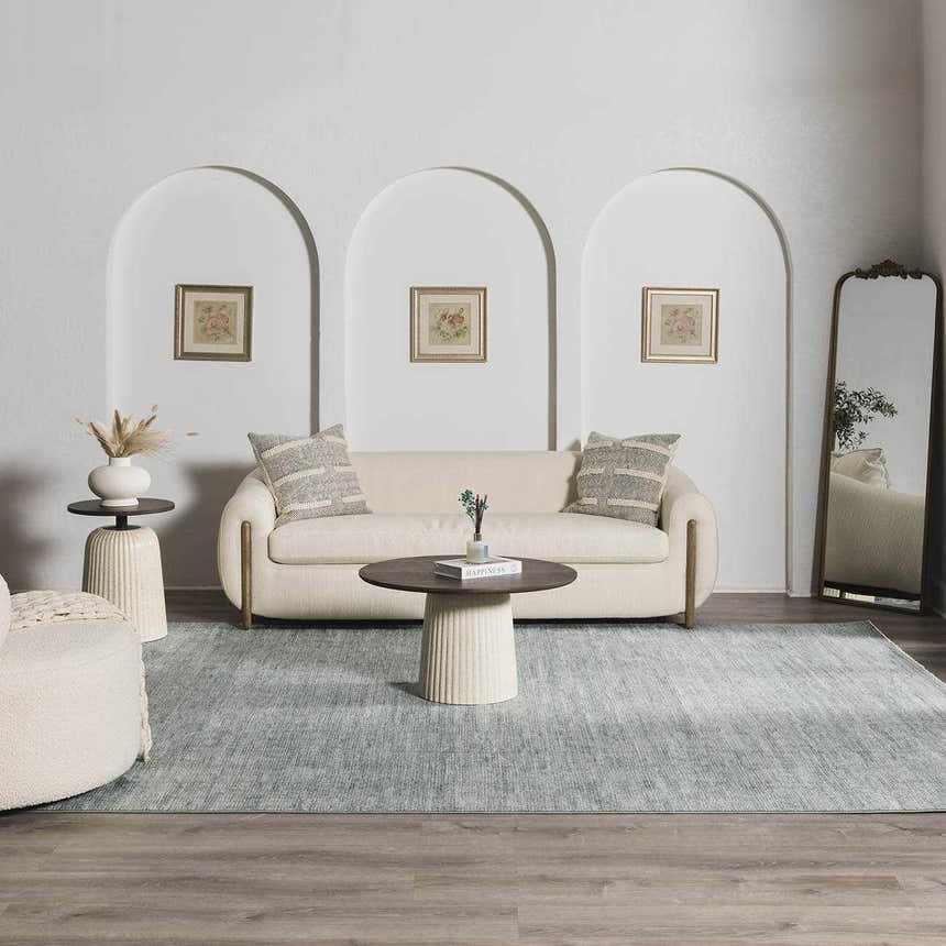 Living room with cream sofa and Livabliss x Galey Alix Maria Elena II Vintage Medallion Area Rug in gray. Roomscene-Rectangle
