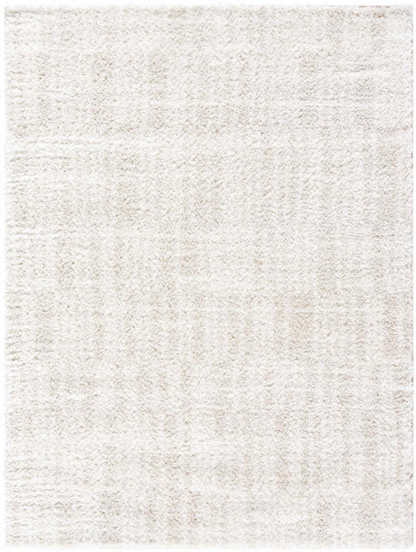 Close-up of the Alamea Area Rug. Ivory and peach shag rug texture, machine woven polyester. Design-Rectangle-537