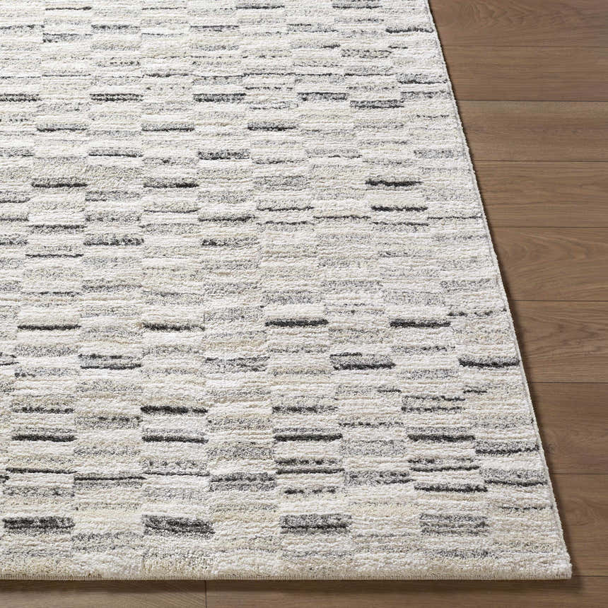 Close-up of the Reece Luxe Rug showing its beige, cream, and black contemporary pattern and soft, textured pile on wood floor. Front