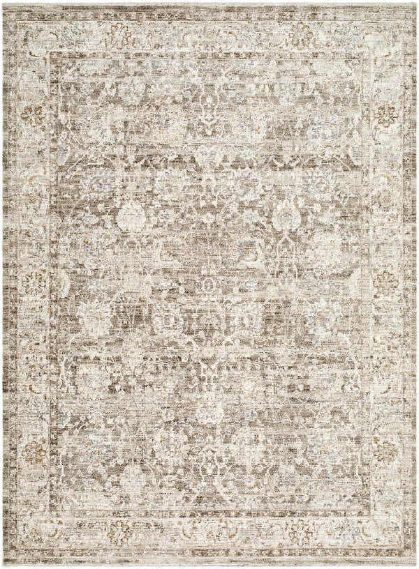 Close-up of the Wyeth Area Rug. Cream, dark brown, and red farmhouse style floral pattern. Machine woven polyester rug. Design-Rectangle-576