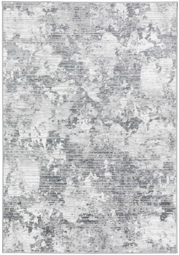 Close-up of the Dalyn Rhodes RR4 Gray Area Rug. Abstract design in chestnut, cream, silver gray, and taupe.