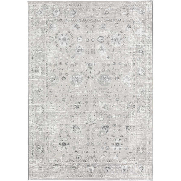 Close-up of Dalyn Rhodes RR8 Silver Area Rug. Machine-made rug with chestnut, cream, silver gray, and taupe floral pattern.